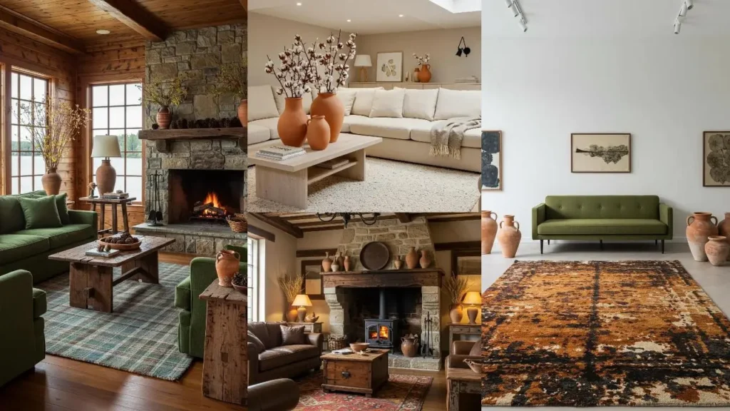 Collection of warm earth tone living rooms featuring terracotta vases and handwoven wool rugs for cozy decor ideas.