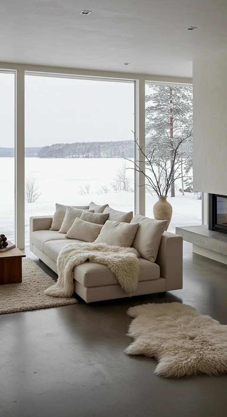 Bright living room with large windows, white sofa, and faux fur rug.