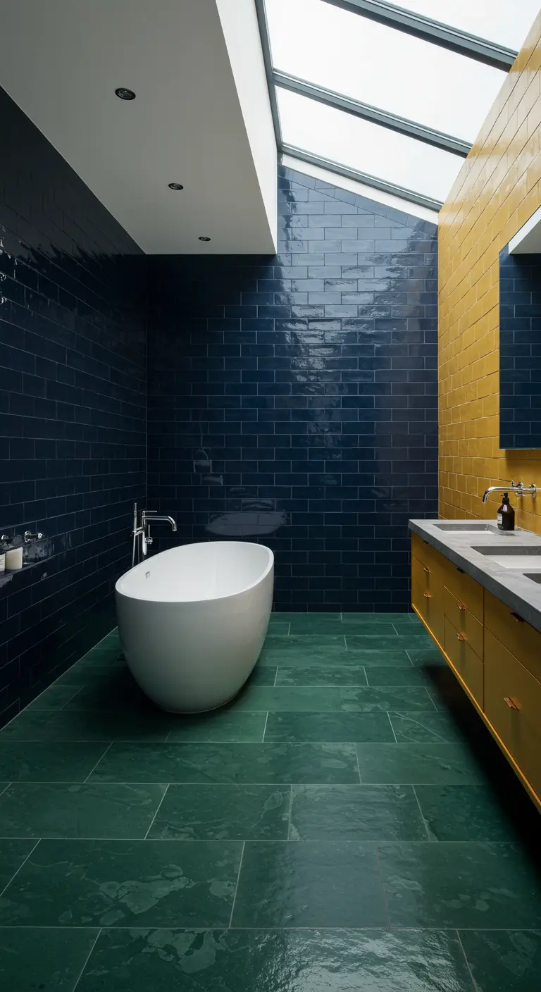 Navy, emerald, and mustard bathroom with freestanding tub, dual vanity, and skylight.