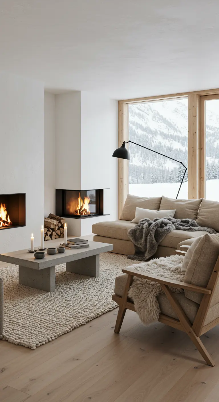 Modern living room with two minimalist fireplaces and a cozy sofa.