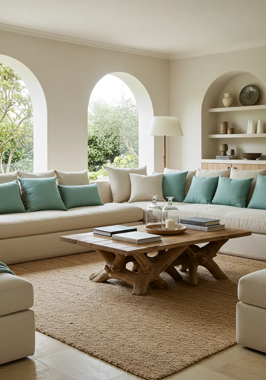 Living room with elegant arched windows, a large sectional sofa, and a driftwood coffee table.