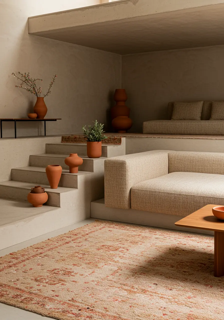 Multi-level living room with concrete steps, neutral sofa, and terracotta vases on ledges.