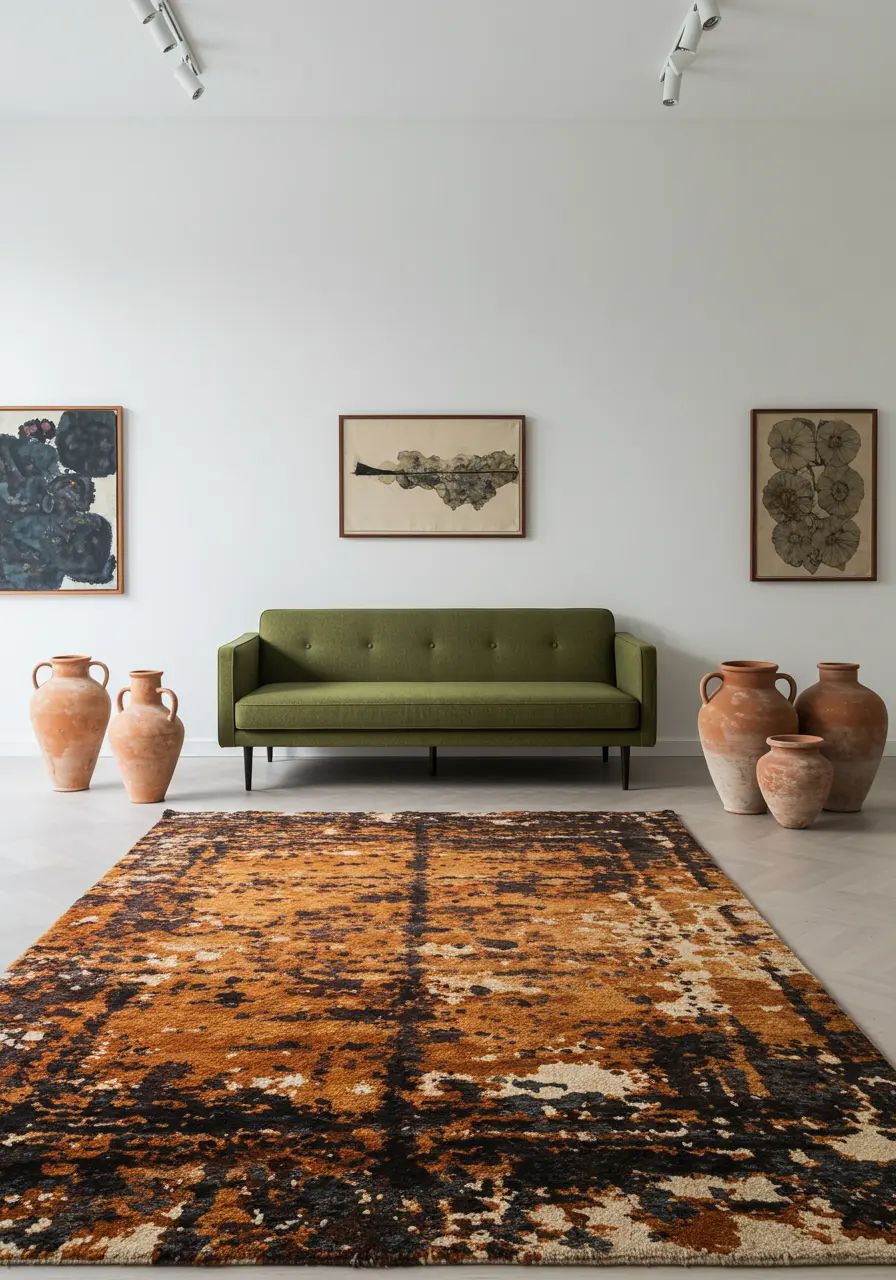 Minimalist living room with white walls, green sofa, large abstract rug, and terracotta pots.