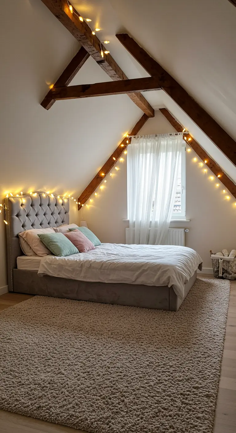 Attic bedroom with exposed wooden beams, fairy lights, and a grey tufted velvet bed.