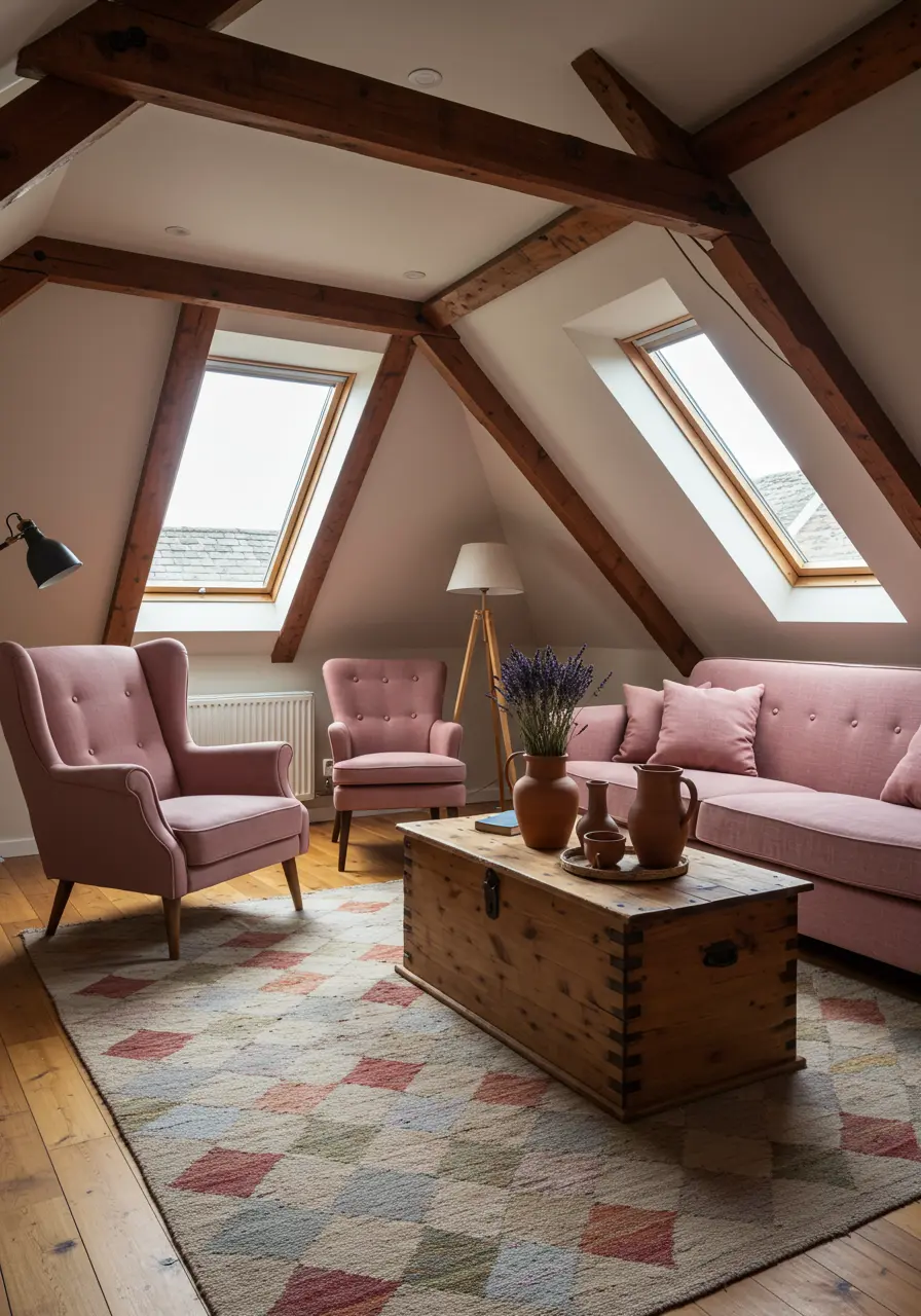 Attic living room with pink sofa, sloped ceilings, skylights, and wooden trunk coffee table.