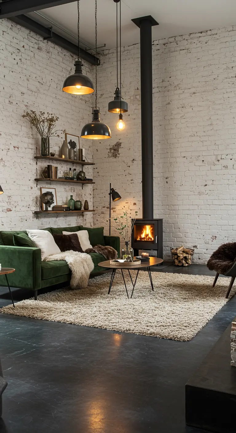 Living room with white brick wall, green sofa, wood stove, and faux fur.