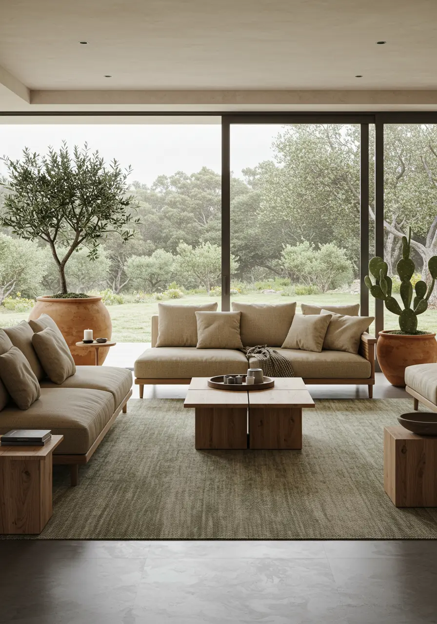 Serene living room with large windows, neutral sofas, and large plants in terracotta pots.