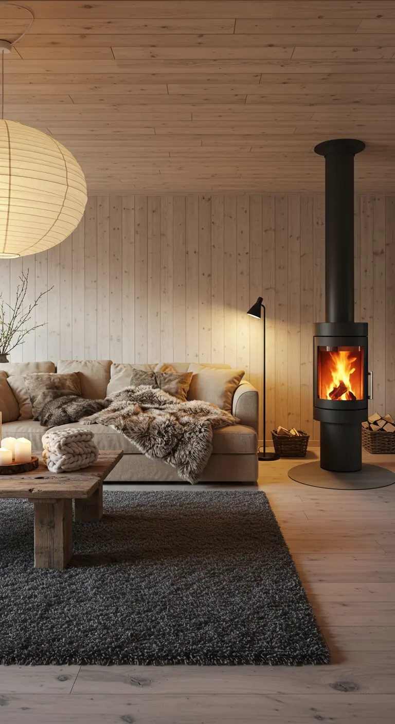 Cozy living room with wood paneling, light sofa, and dark faux fur throw.