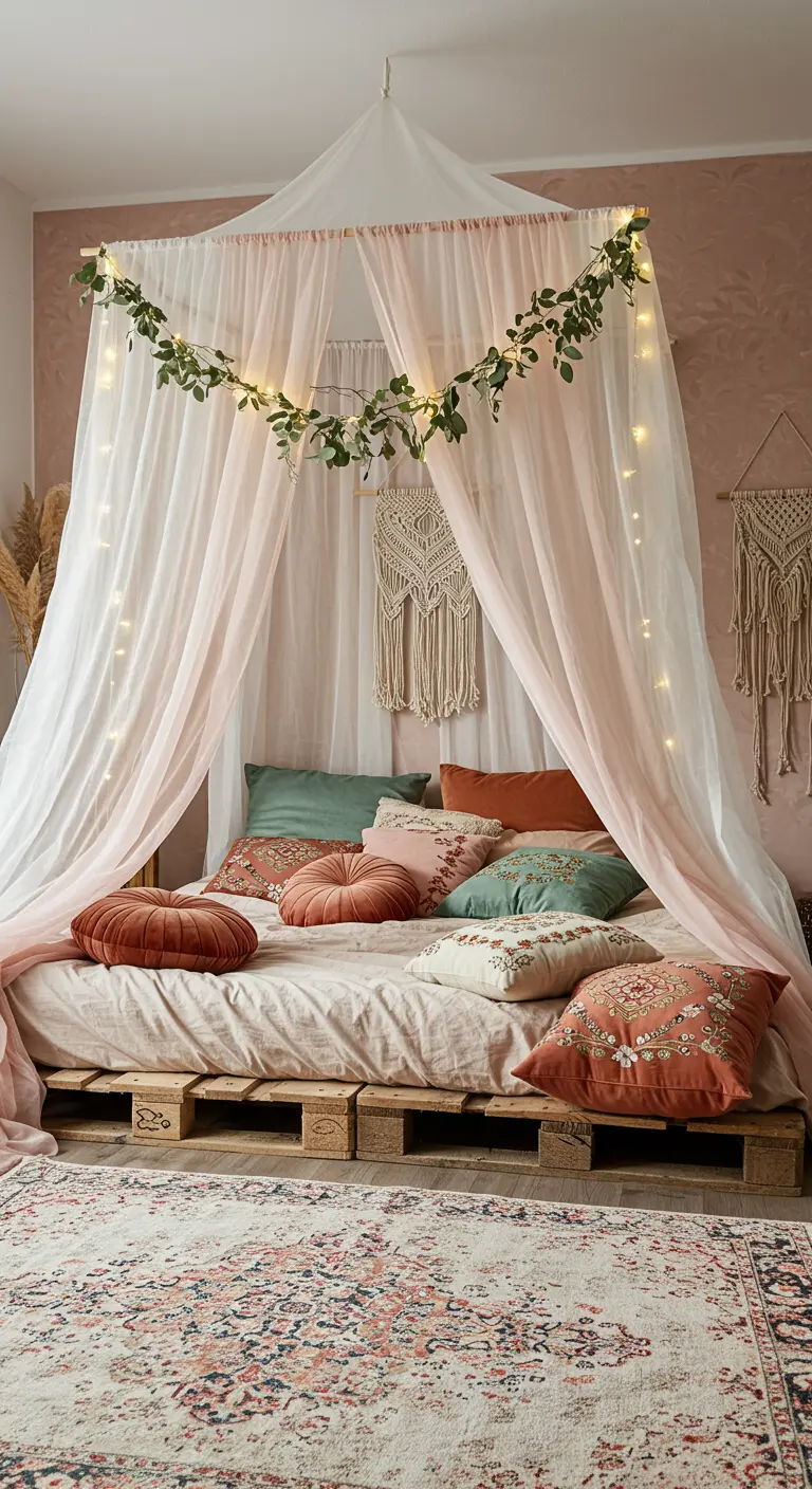 Bohemian bedroom with a pallet bed, white sheer canopy, fairy lights, and embroidered pillows.