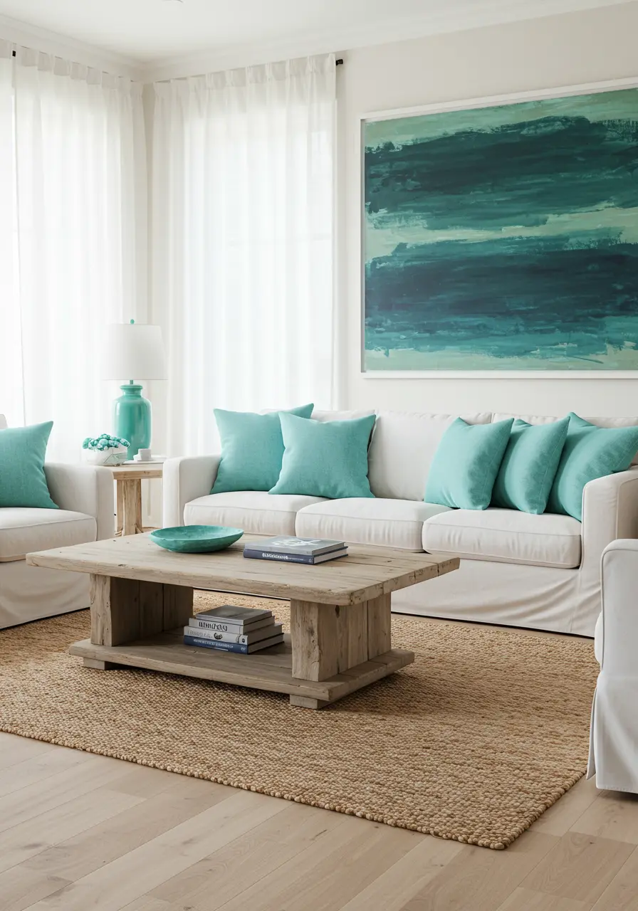 White living room with a large abstract teal painting, white slipcovered sofas, and a reclaimed wood coffee table.