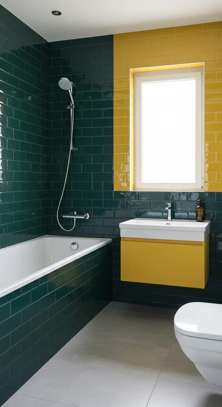 Bathroom with emerald green bath surround, yellow tiled window wall, and yellow floating vanity.