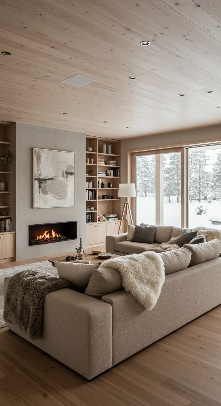 Spacious living room with a built-in fireplace, bookshelves, and large sofa.
