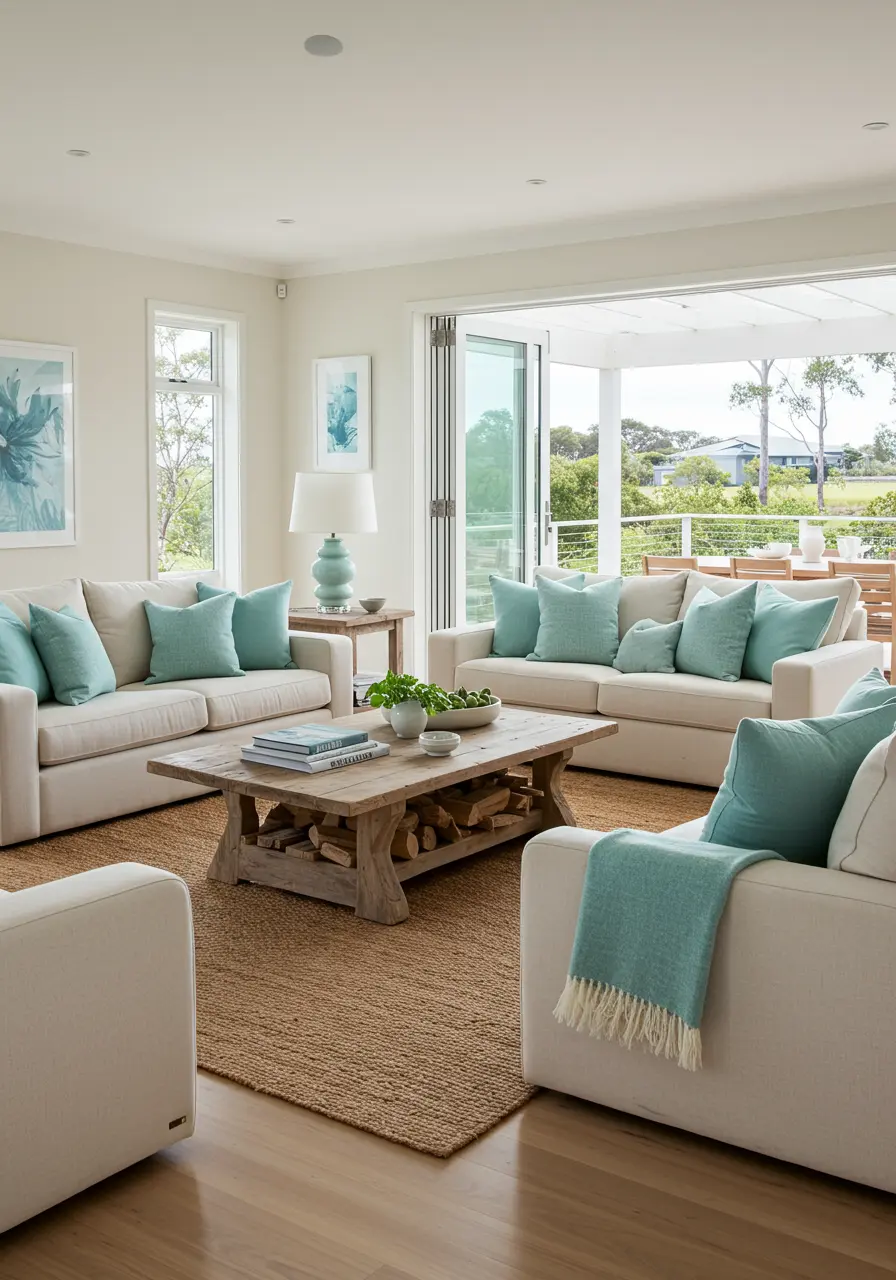 Spacious living room with multiple white sofas, a large wood coffee table, and an inviting patio view.