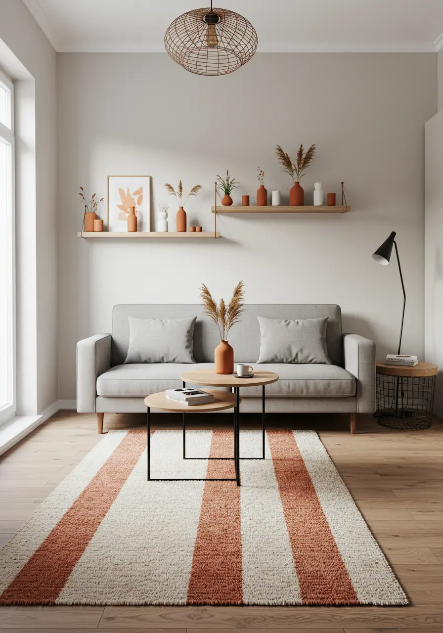 Small living room with light grey sofa, floating shelves, and a striped rug.