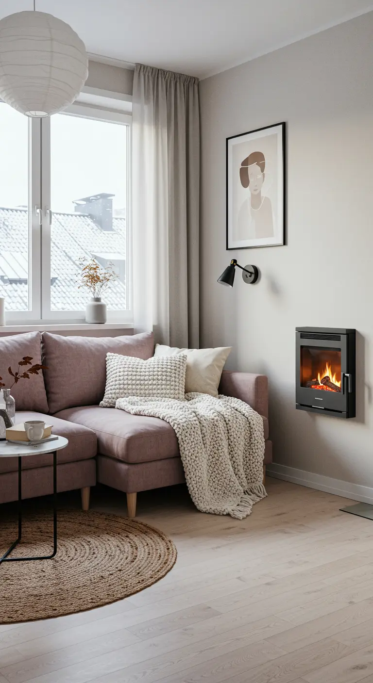 Small living room with pink sofa, wall-mounted fireplace, and round rug.