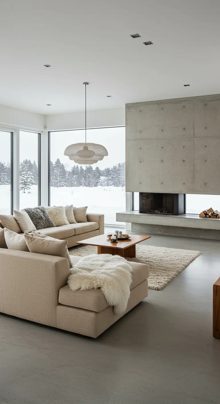 Modern living room with concrete feature wall, light sofa, and faux fur.