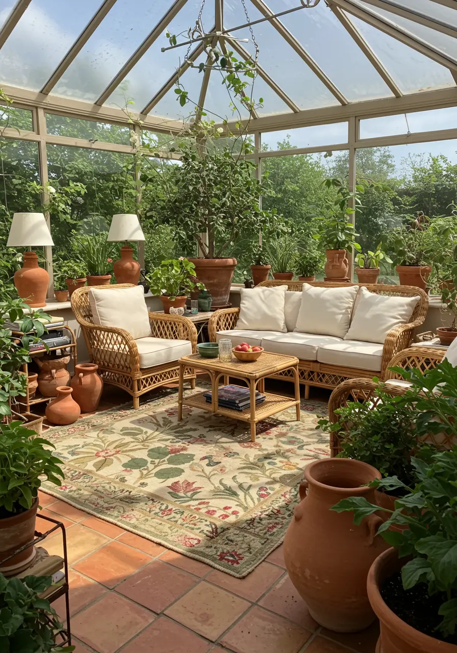 Sunroom filled with plants, wicker furniture, and a floral patterned rug.
