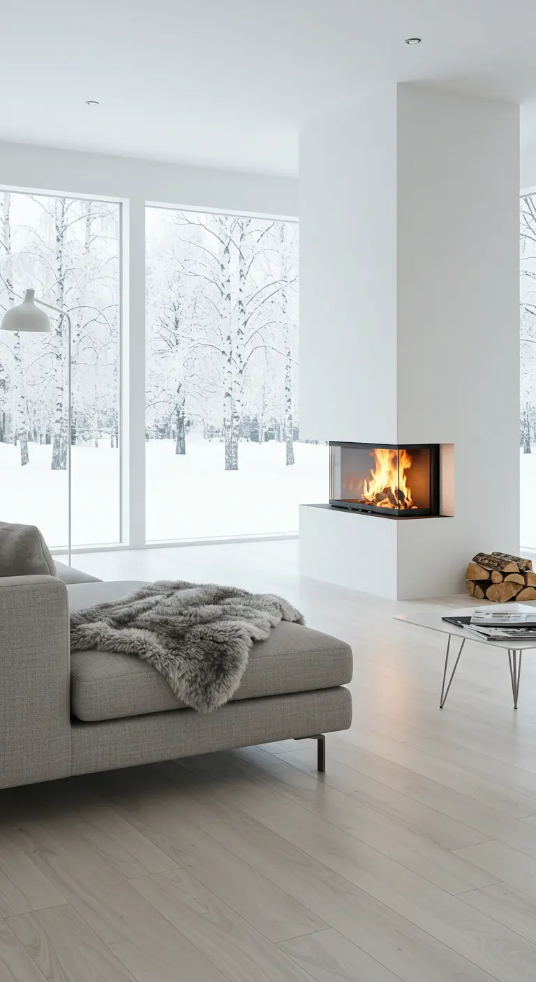 White living room with corner fireplace, light grey sofa, and faux fur throw.
