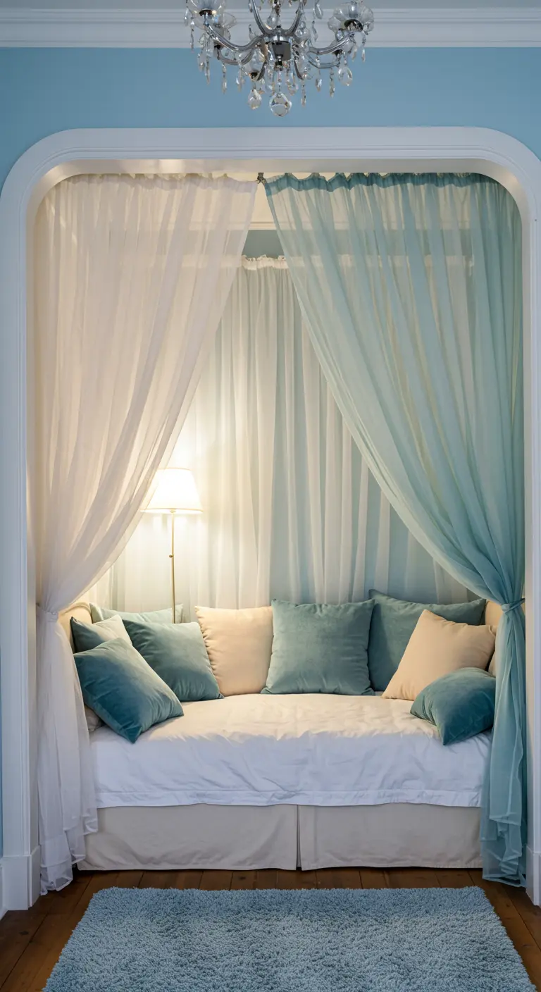 Cozy reading nook with a daybed, sheer white and aqua drapes, and velvet pillows.
