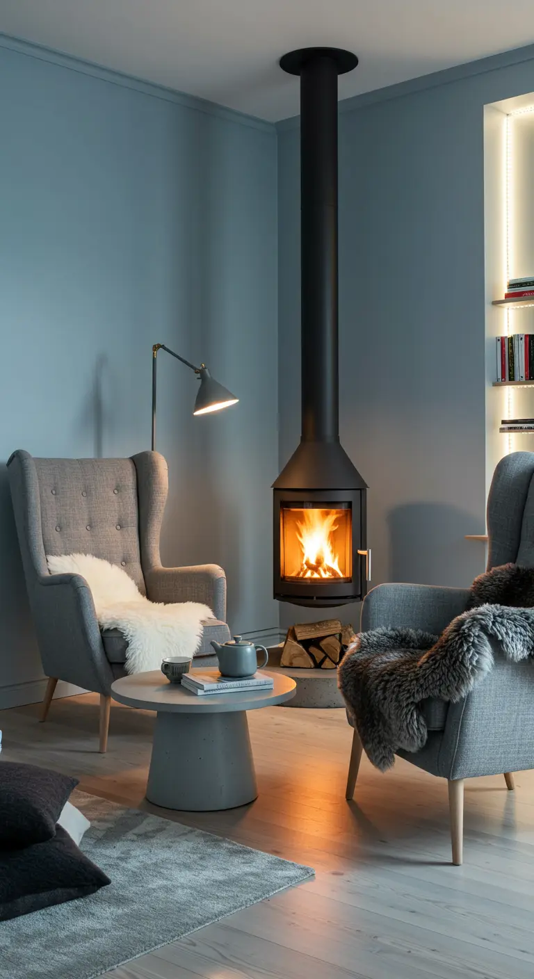Cozy corner with two grey armchairs, a freestanding stove, and a faux fur throw.