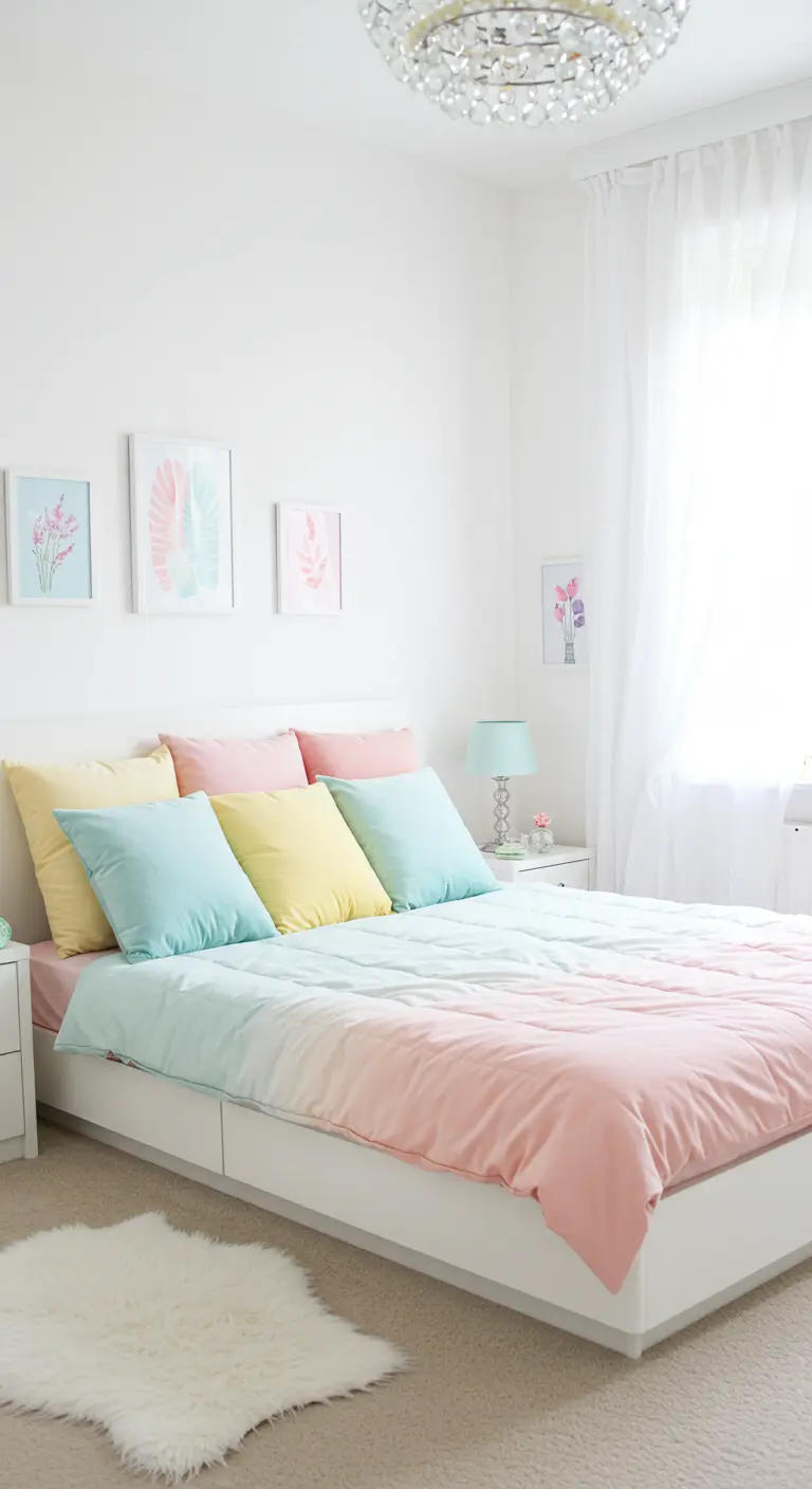 Bright white bedroom with a pastel ombre duvet cover and white fur rug.