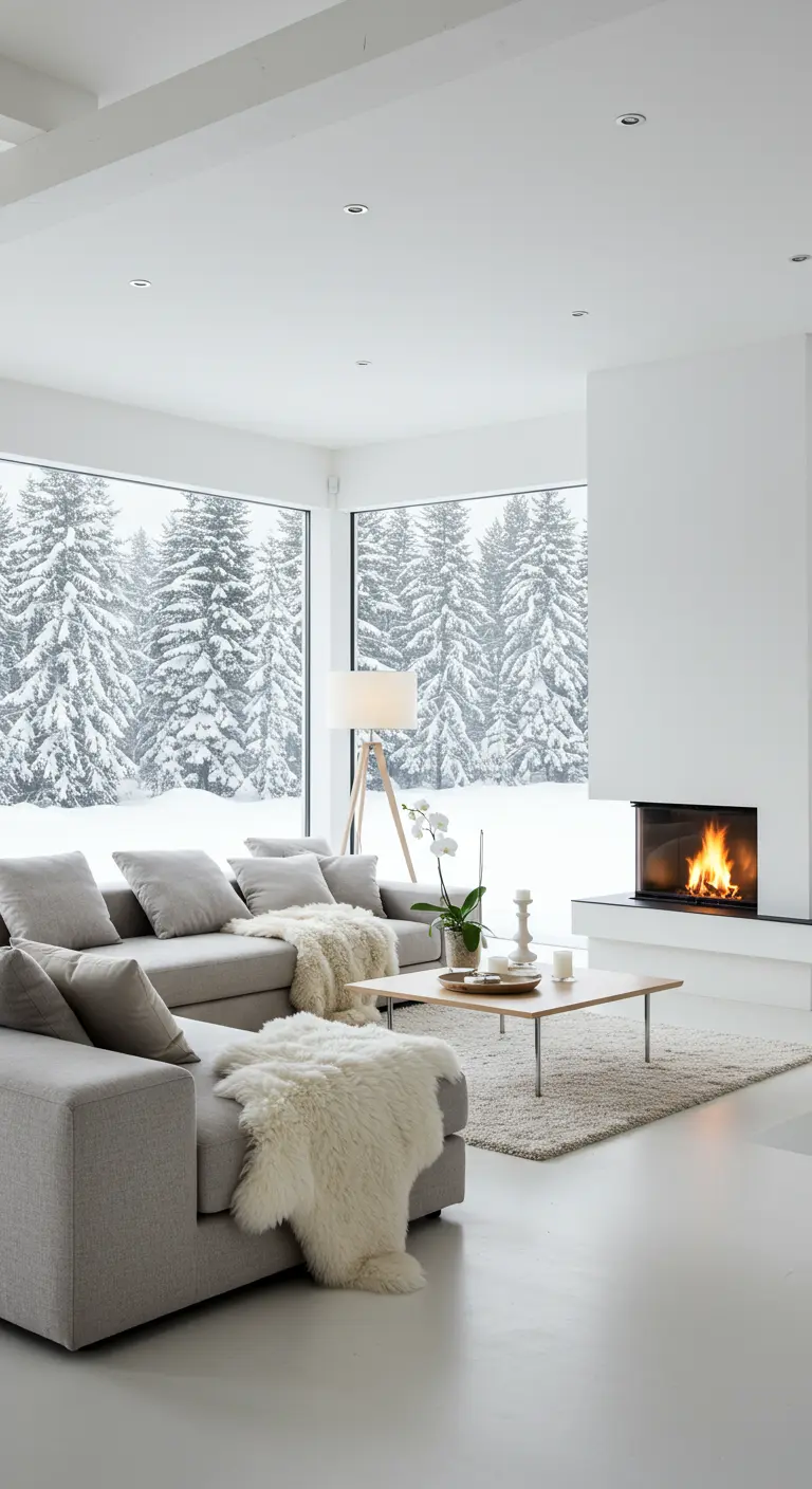 Bright living room with large windows, light sofa, and faux fur throws.