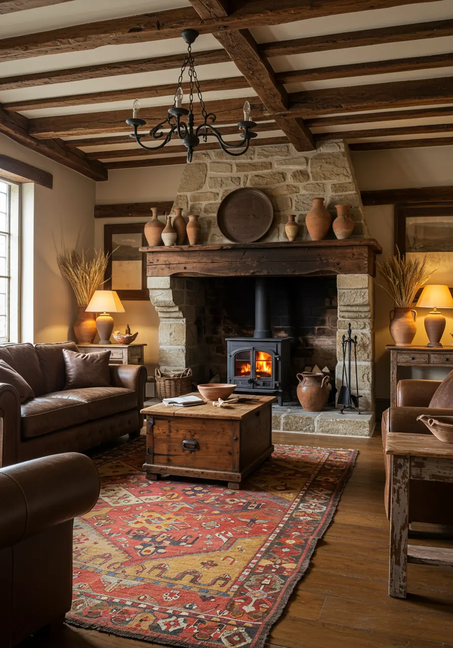 Rustic living room with stone fireplace, wood beams, leather sofa, and an ornate rug.
