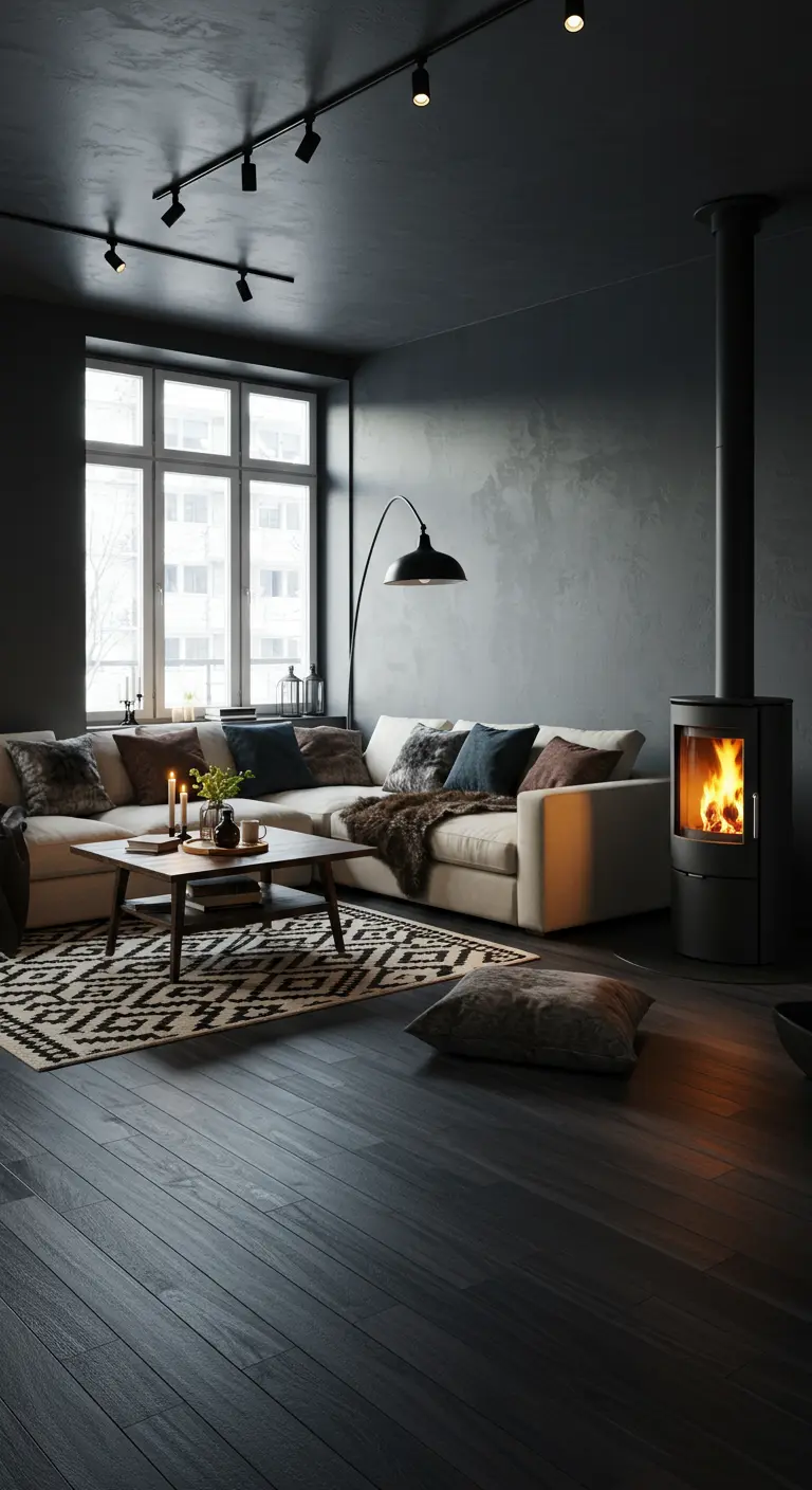 Dark living room with light sofa, faux fur, wood stove, and large window.