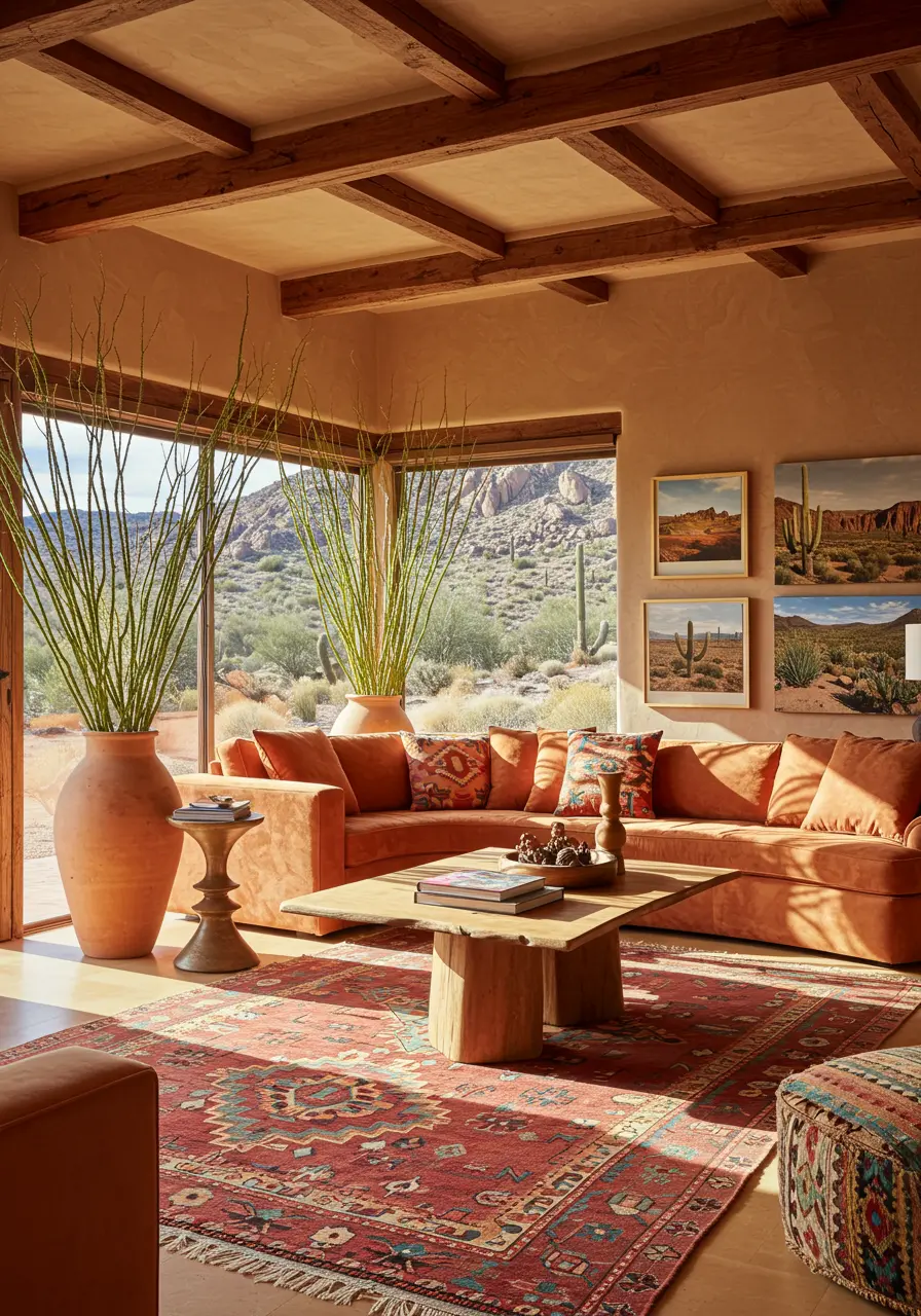 Desert modern living room with large windows, terracotta walls, orange sofa, and patterned rug.