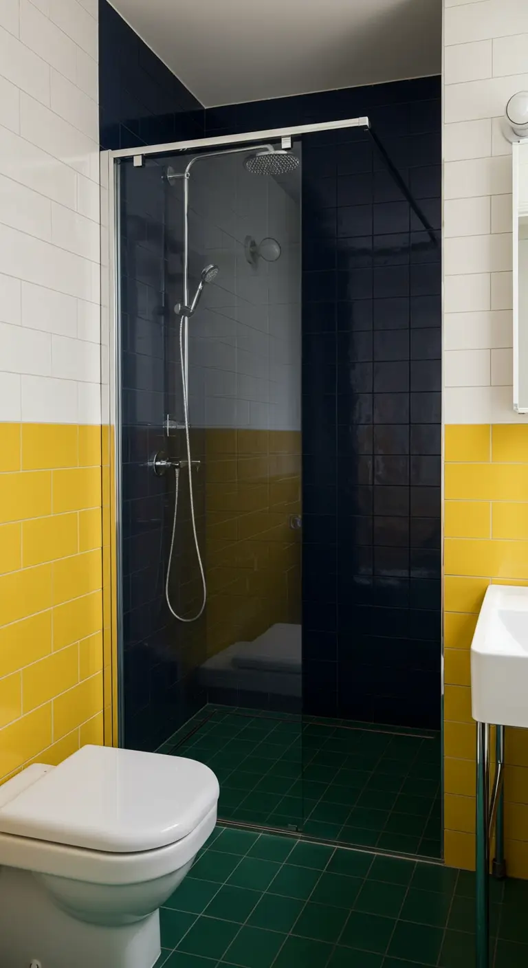 Bathroom with yellow and white subway tiled walls, navy shower, and green tiled floor.