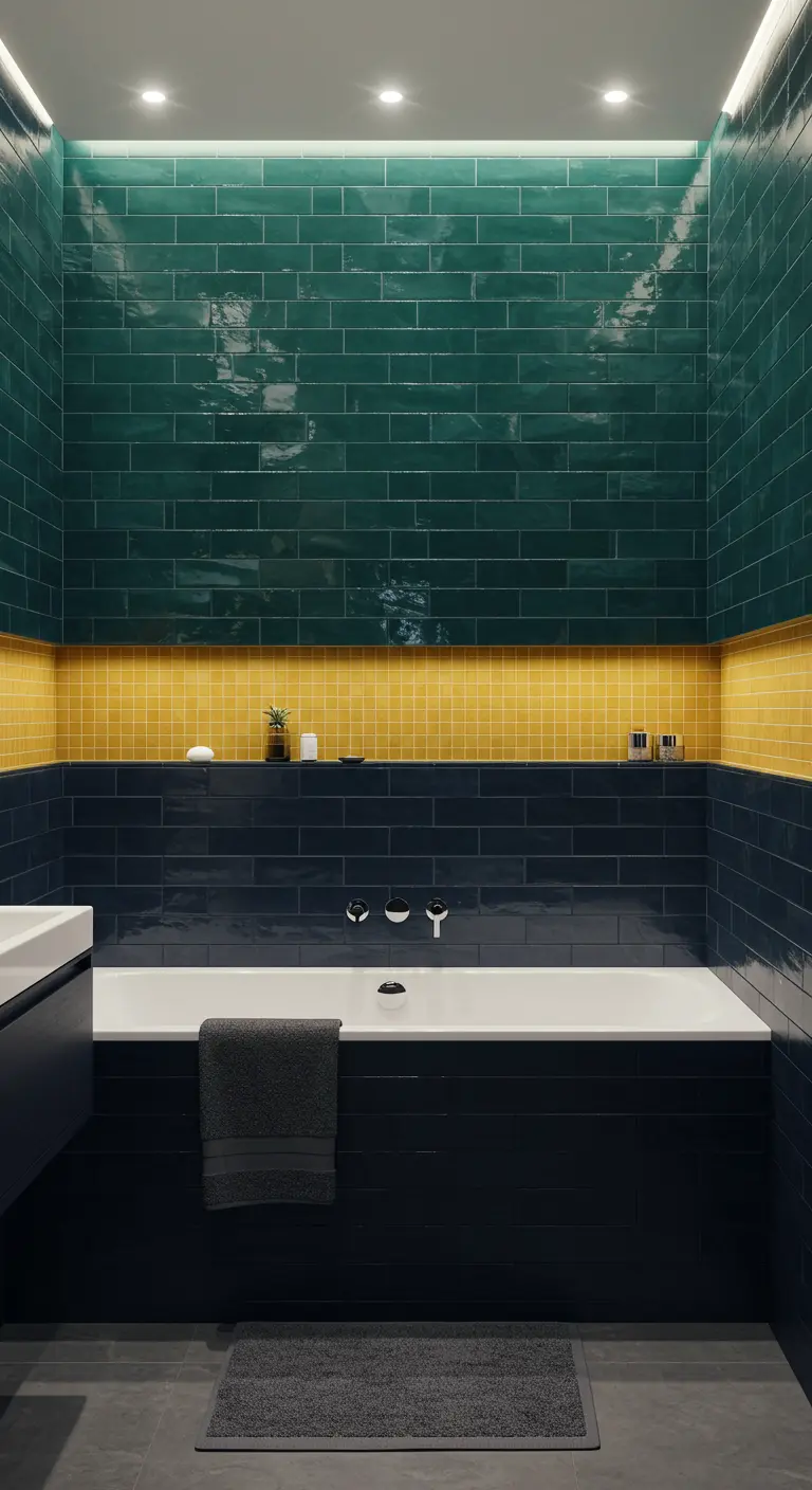 Bathroom with navy and emerald green tiles, a yellow stripe, and a built-in tub.