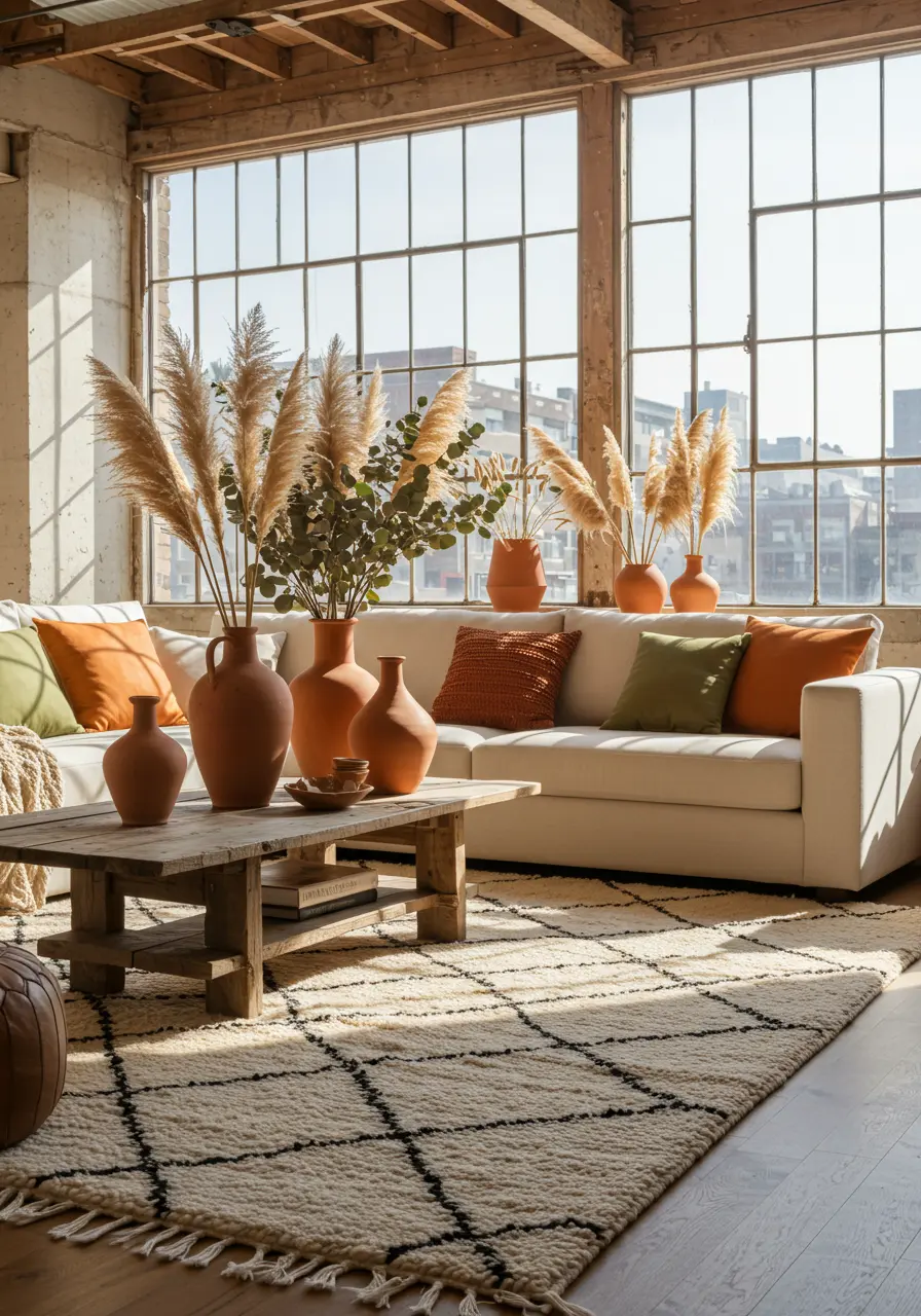 Bright loft living room with large windows, white sofa, patterned rug, and terracotta vases.