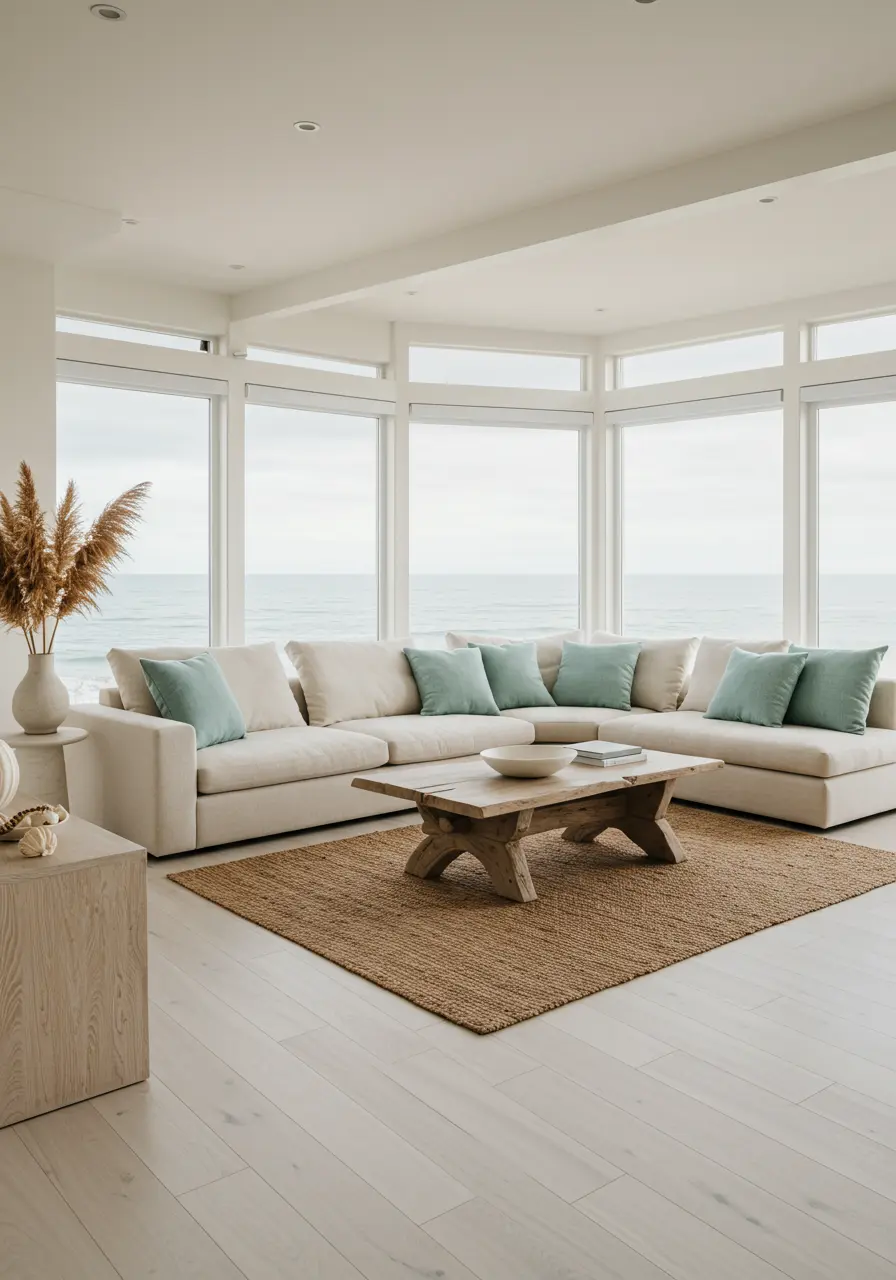 Spacious living room with ocean view, large sectional sofa, driftwood coffee table, jute rug, aqua pillows.
