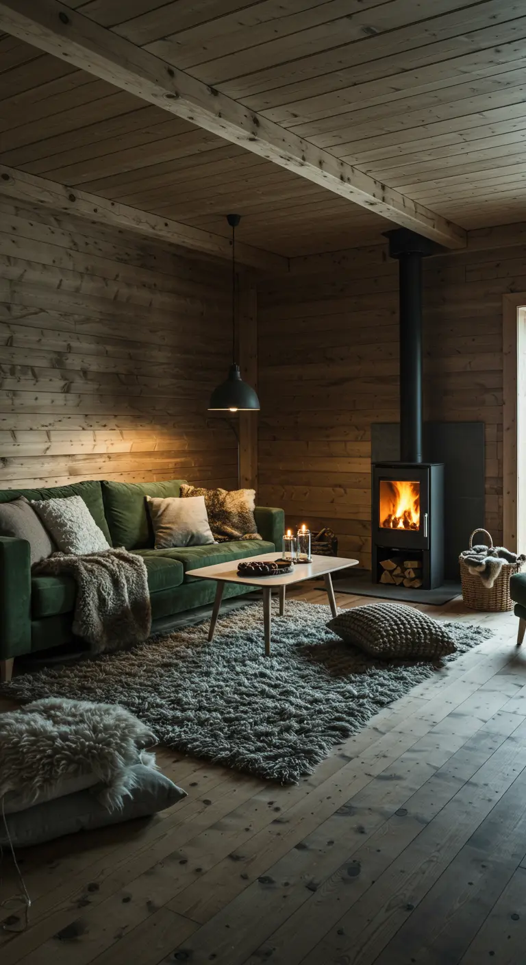 Cozy living room with wood paneled walls, a green sofa, and wood stove.
