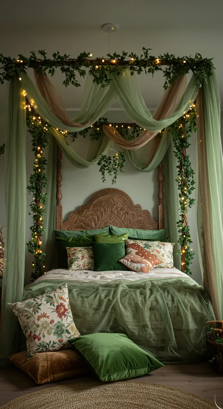 Enchanted forest-themed bedroom with green and blush drapes, ivy, fairy lights, and velvet pillows.