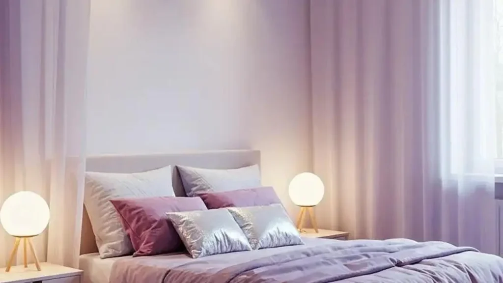 Ethereal pastel bedroom with soft lavender bedding, sheer tulle drapes, and warm glowing lamps, creating a dreamy ambiance.