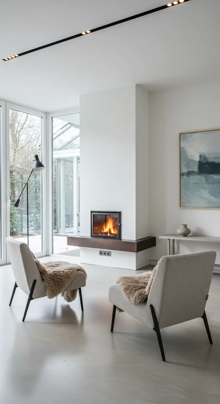 Modern living room with minimalist floating fireplace and two armchairs.