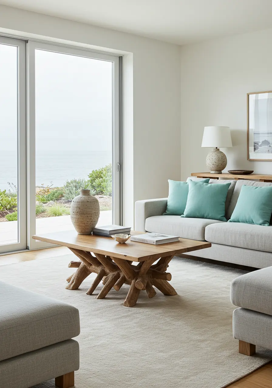 Bright living room with light sofa, large windows overlooking the ocean, and a simple wood coffee table.