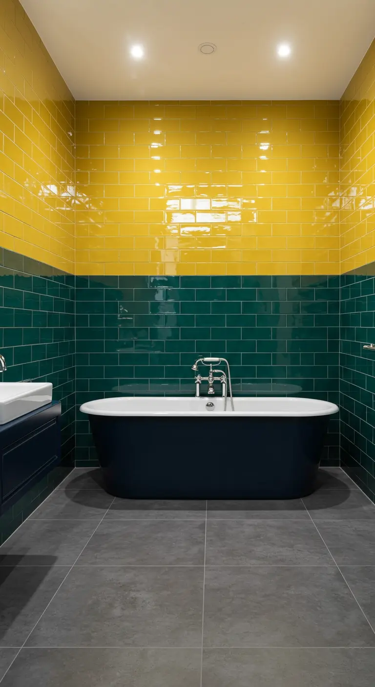 Bathroom with yellow and emerald green tiled walls and a deep navy freestanding tub.