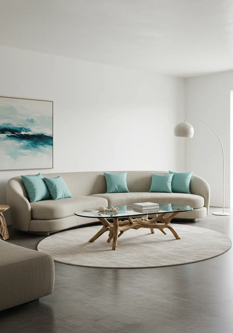 Living room with a curved sofa, round rug, and a glass-top driftwood coffee table.