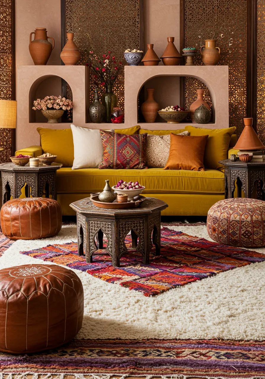 Vibrant living room with mustard yellow sofa, patterned rugs, and built-in terracotta displays.
