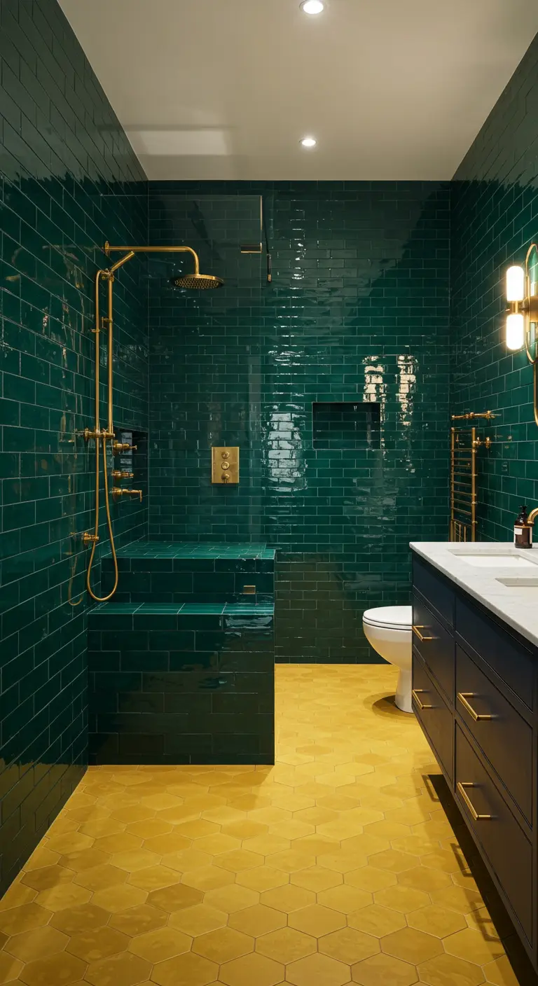 Emerald green tiled shower, yellow hexagon floor, navy vanity, and elegant gold fixtures.