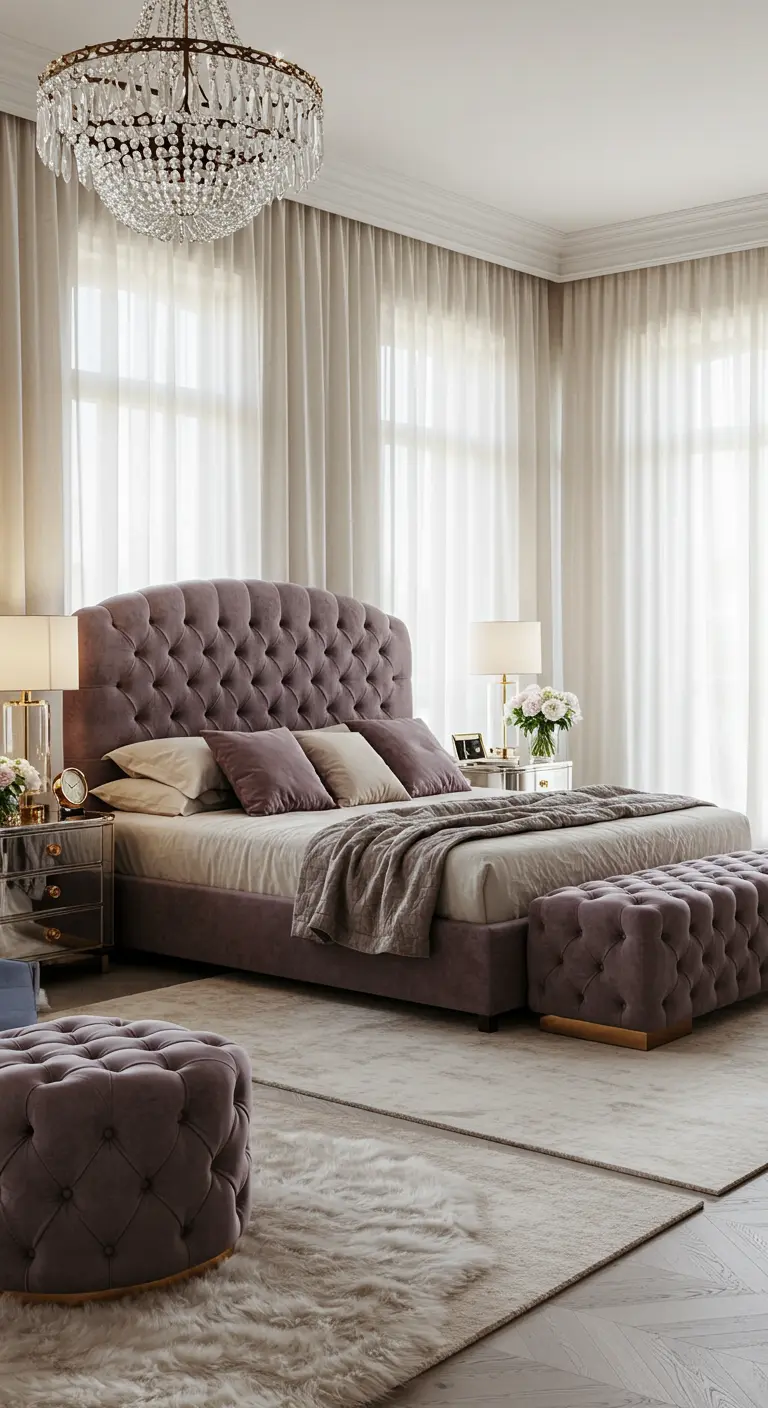 Luxurious mauve velvet bedroom with a tufted bed, matching ottomans, and a chandelier.
