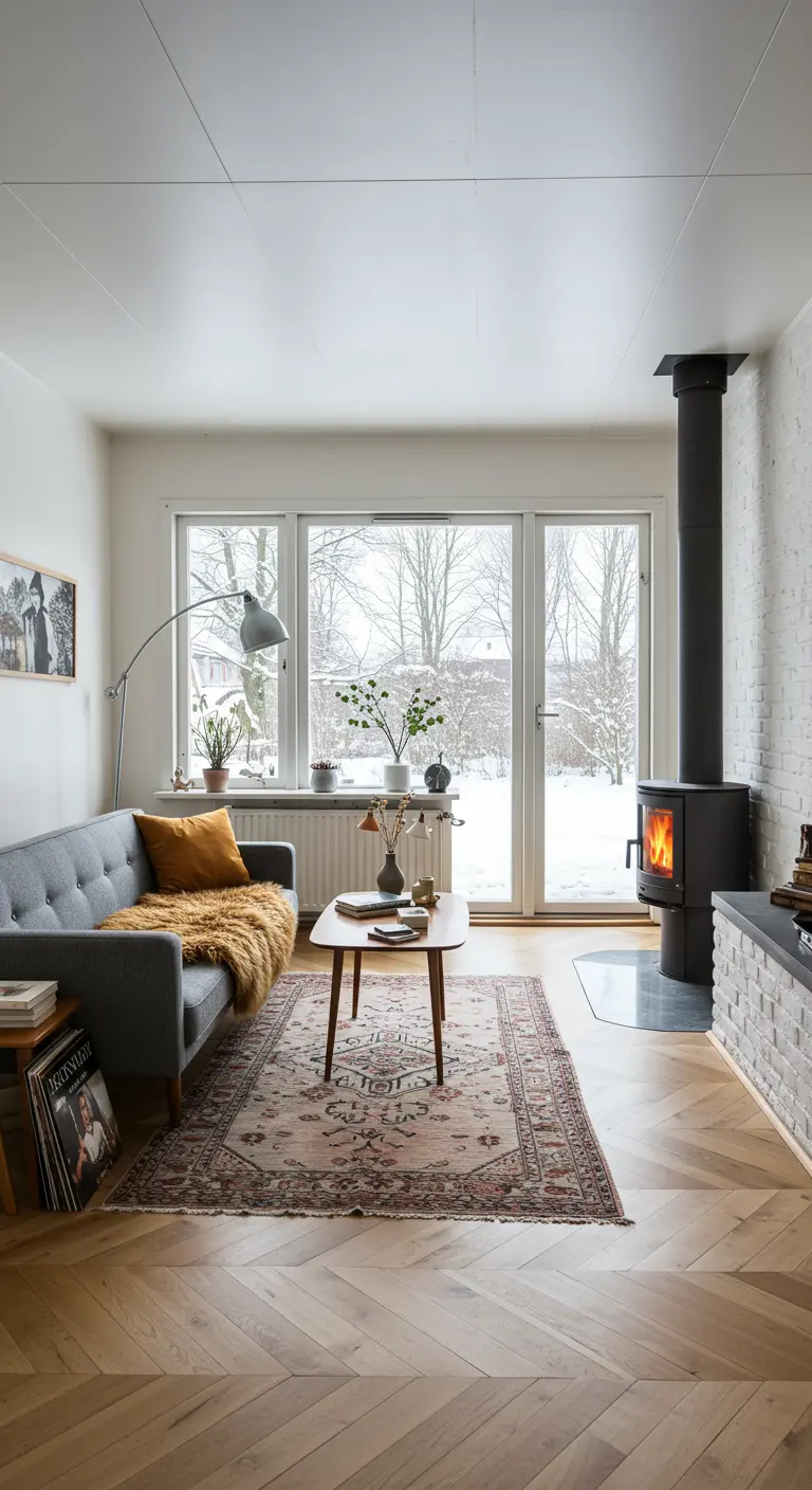 Small living room with herringbone floor, grey sofa, and faux fur throw.