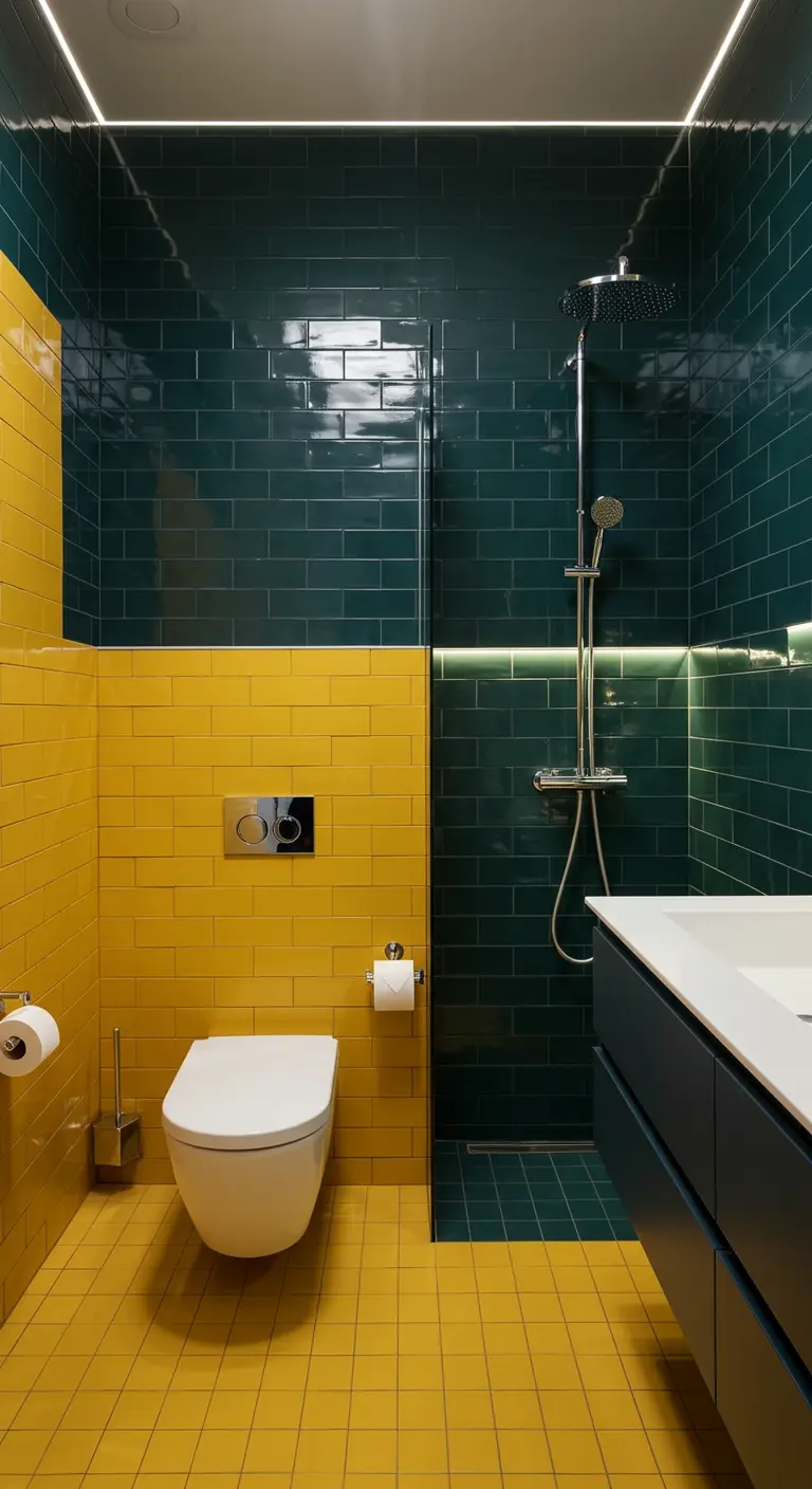 Bathroom with yellow and emerald green tiled walls, linear lighting, navy vanity, and yellow floor.