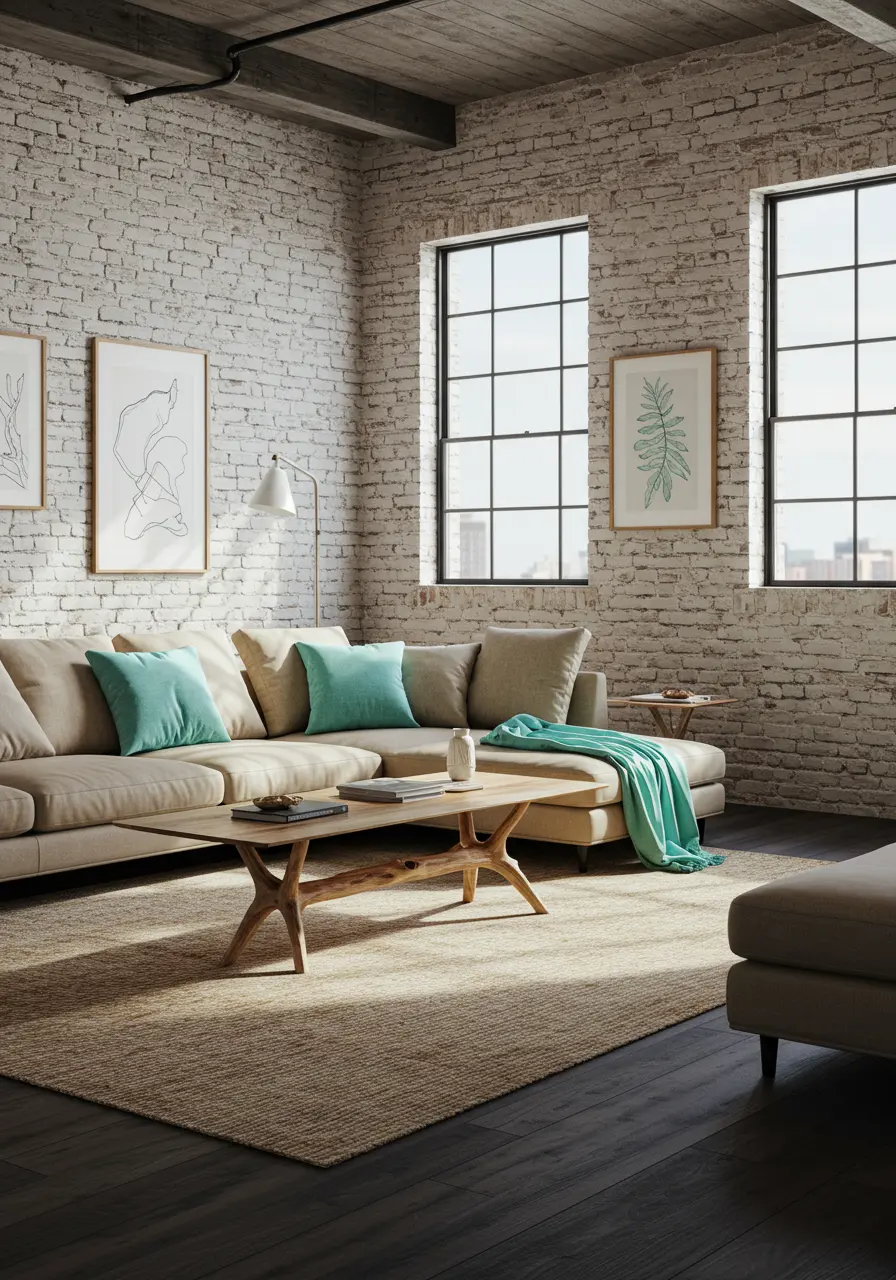 Loft living room with white brick wall, dark wood floor, L-shaped sofa, and aqua throw.