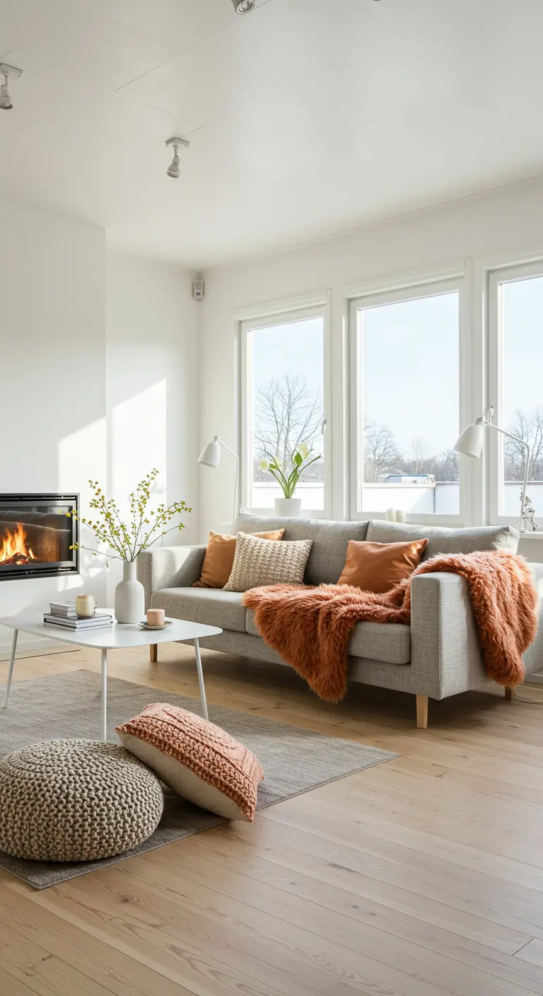 Light living room with grey sofa, orange faux fur throw, and fireplace.