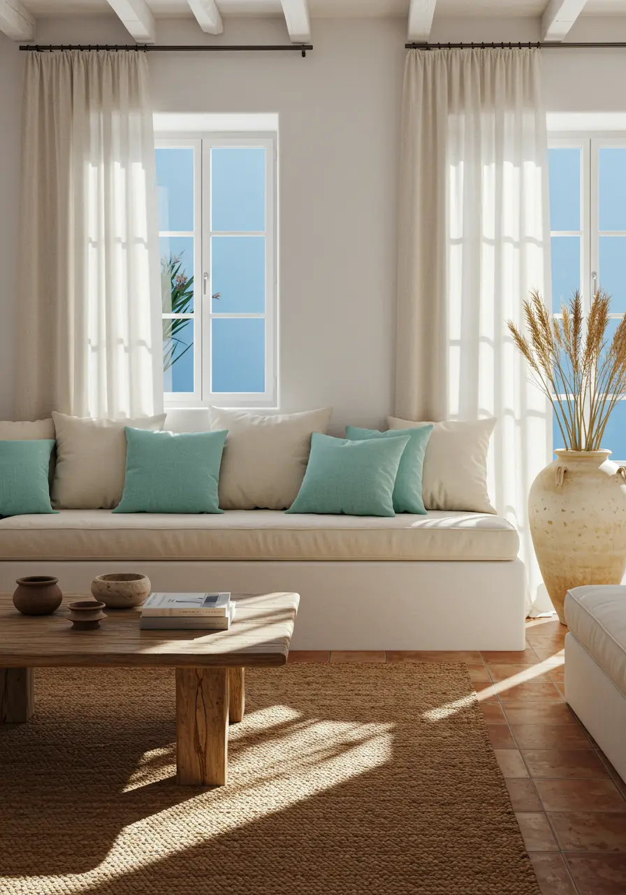 Living room with built-in sofa seating, large windows, terracotta floor, and a tall ceramic vase.