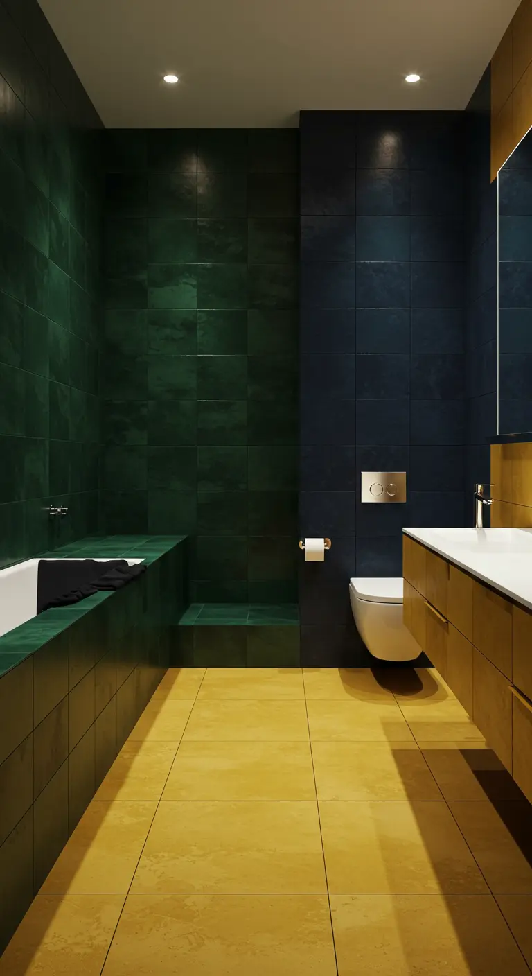 Bathroom with emerald green and navy tiled walls, yellow floating vanity, and gold fixtures.