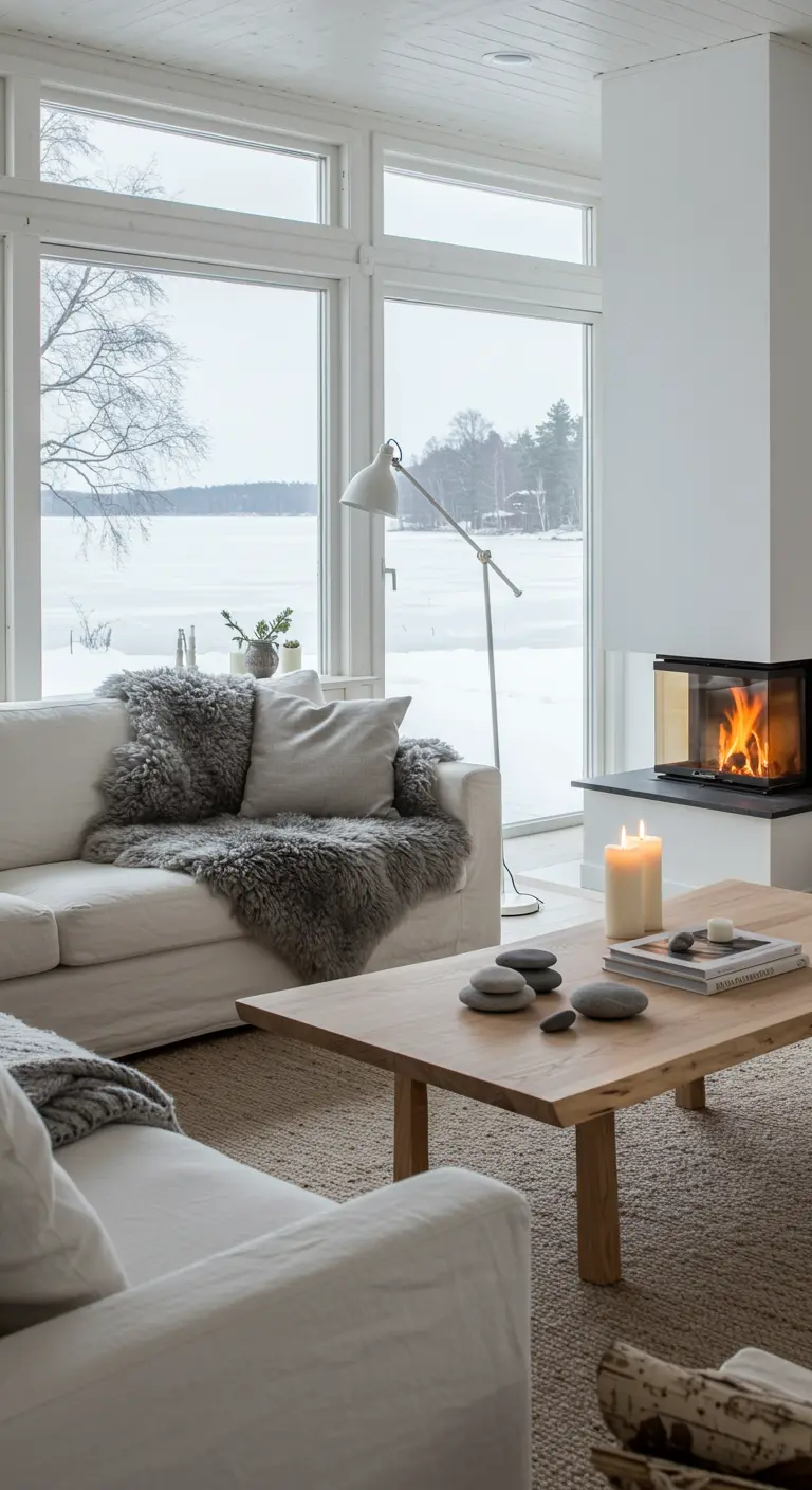 White living room with large windows overlooking a snowy lake, faux fur throw.